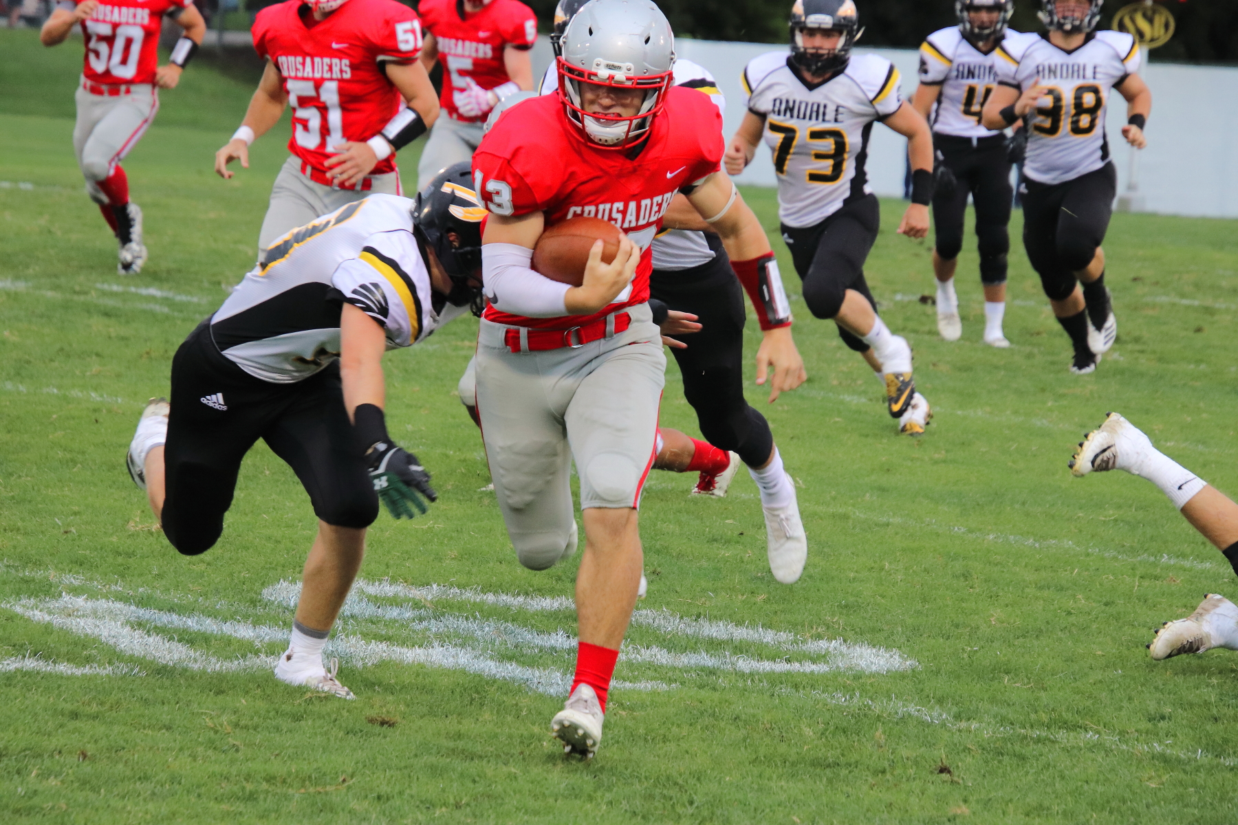 CRUSADER FOOTBALL 2018 vs Andale (Grey Hatfield 46 yd KO Return)